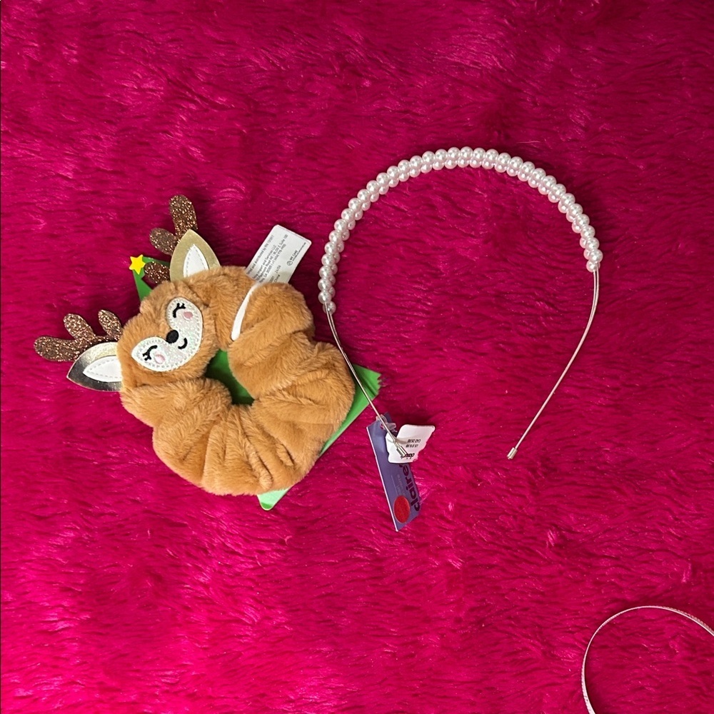 Cute Reindeer Scrunchie and Pearl Headband Set